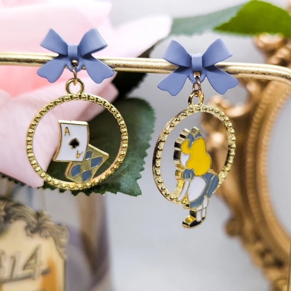 Alice in Wonderland Drop Earrings Whimsical Blue Bow Dangles